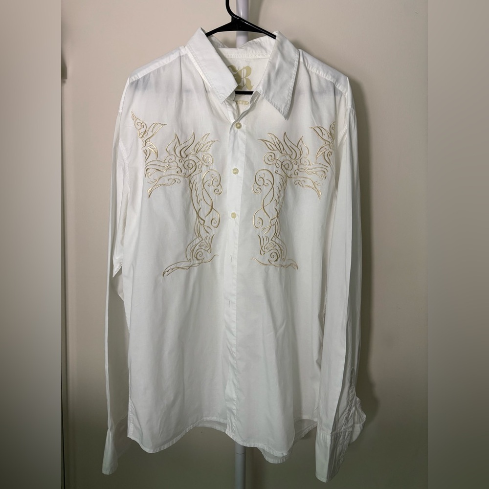 Vintage Y2K Elegant White and Gold Men's Dress Shirt Embroidered Party XXL - Picture 2 of 13